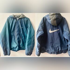 Vintage Nike 90’s Big Swoosh Navy/Gray Nylon Hooded Heavy Zip Jacket Mens Size L